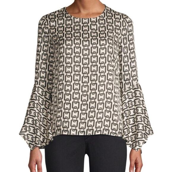 Milly Tops - Milly Holly Chain-Print Bell-Sleeve Top Black White Long Sleeve Blouse 4 Small